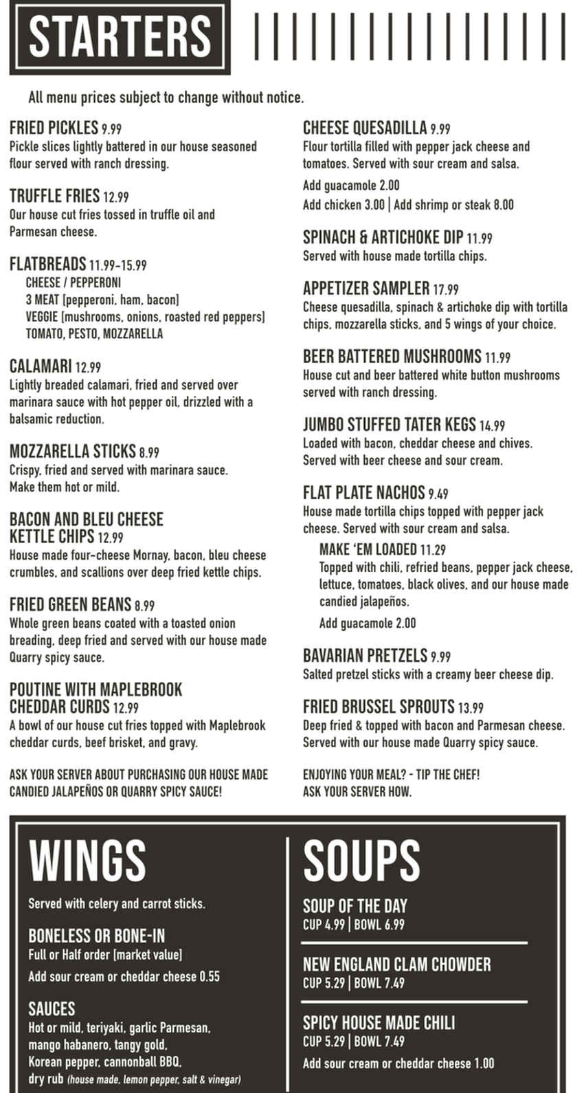 Quarry Kitchen  menu page 1