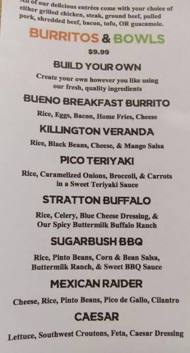 Bueno Burrito menu page 1