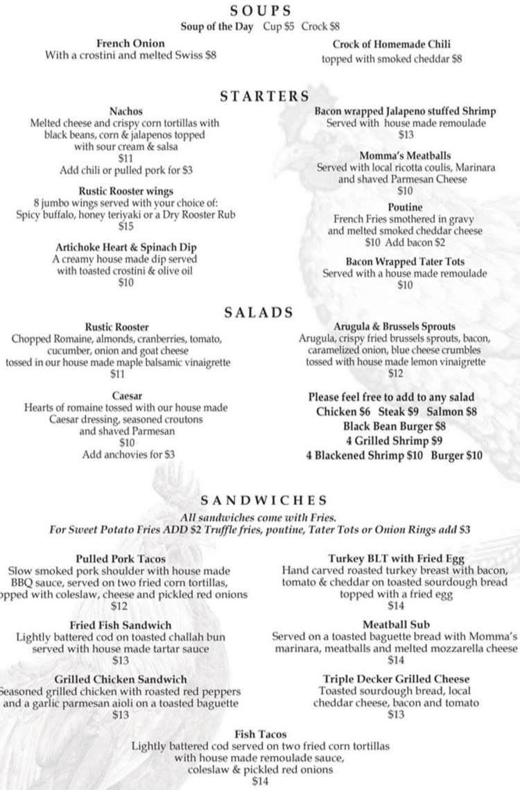Rustic Rooster menu page 1