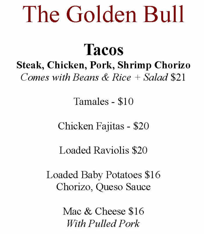 The Golden Bull menu page 1
