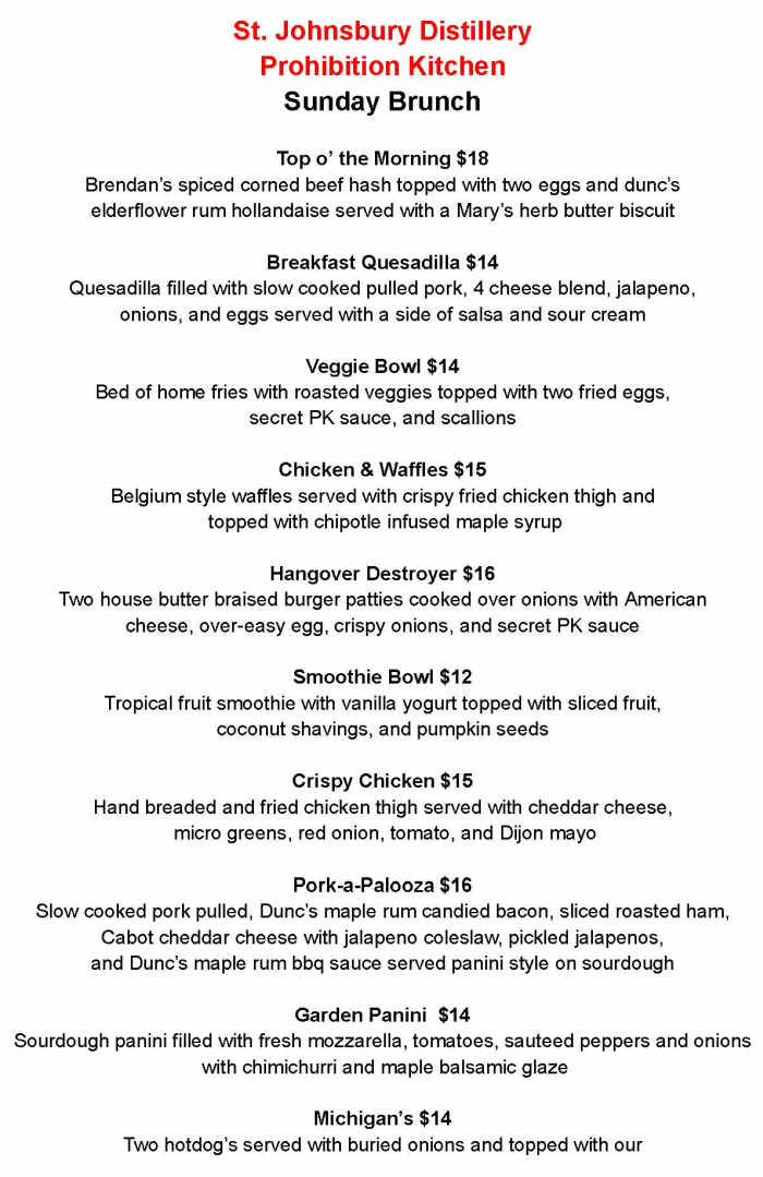  St. Johnsbury Distillery menu page 1