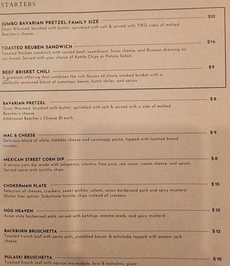 Woodsman Pub menu page 1