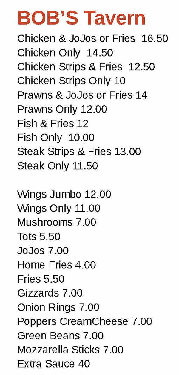 Bob's Tavern menu page 1