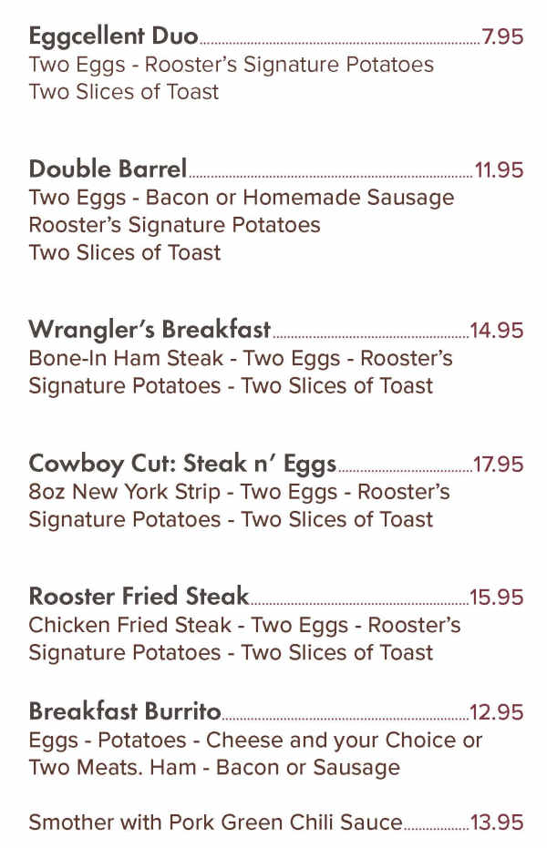 Rooster's Cafe menu page 1