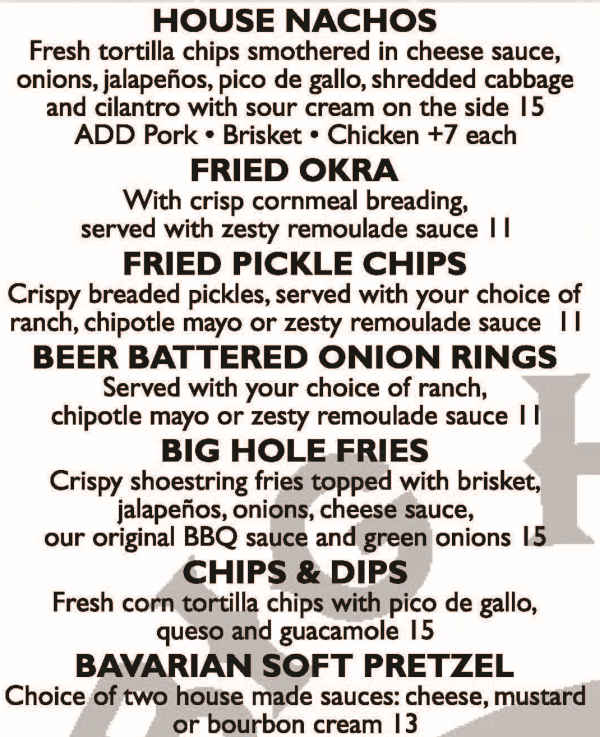 Big Hole BBQ menu page 1