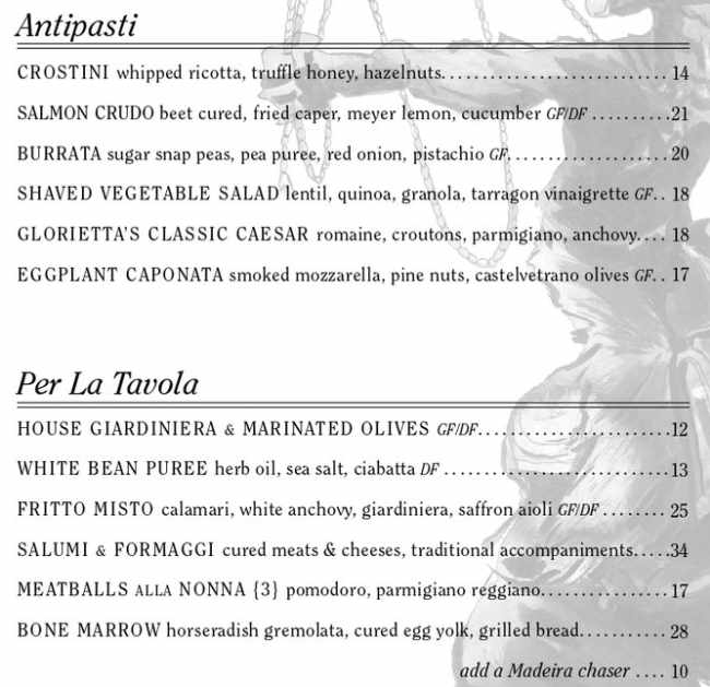 Glorietta Trattoria menu page 1
