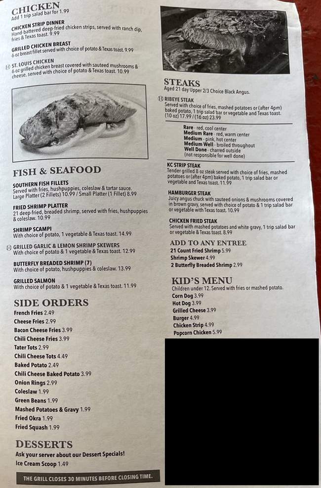 Page 2 of menu, Porky's Scranton, AR