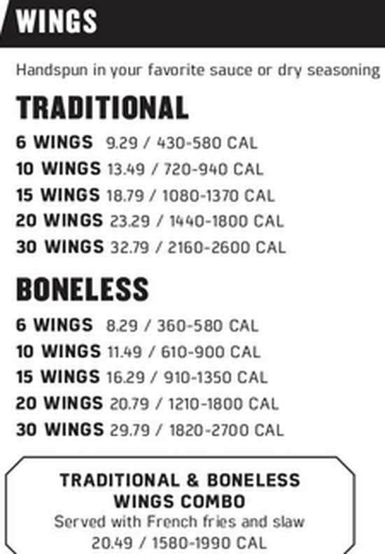 Page 1 of menu, Buffalo Wild Wings Bemidji, MN
