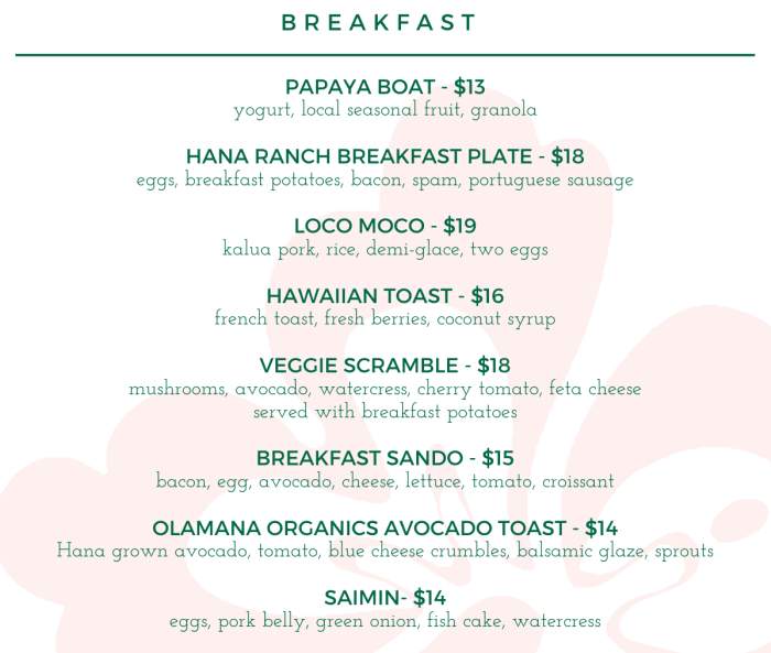Page 2 of menu, Hana Ranch Restaurant Hana, HI