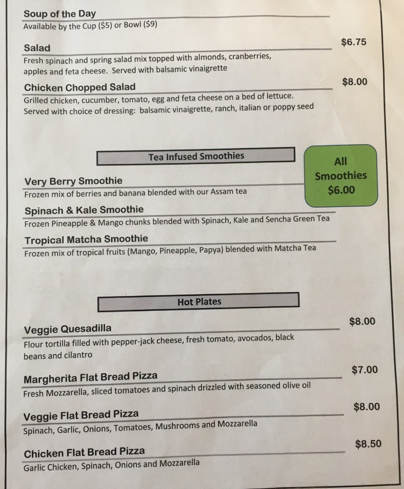 Page 2 of menu, Loka Leaf Tea Lounge Cazenovia, NY