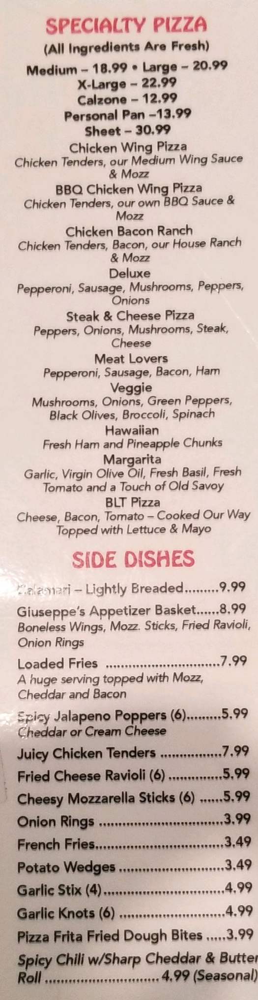 Page 2 of menu, Giuseppe's Pizzeria Marietta, NY